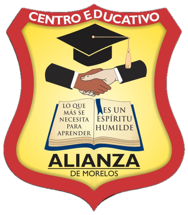 Escudo institucional del Centro Educativo Alianza de Morelos con birrete, apretón de manos y libro con frase: “Lo que más se necesita para aprender es un espíritu humilde”.